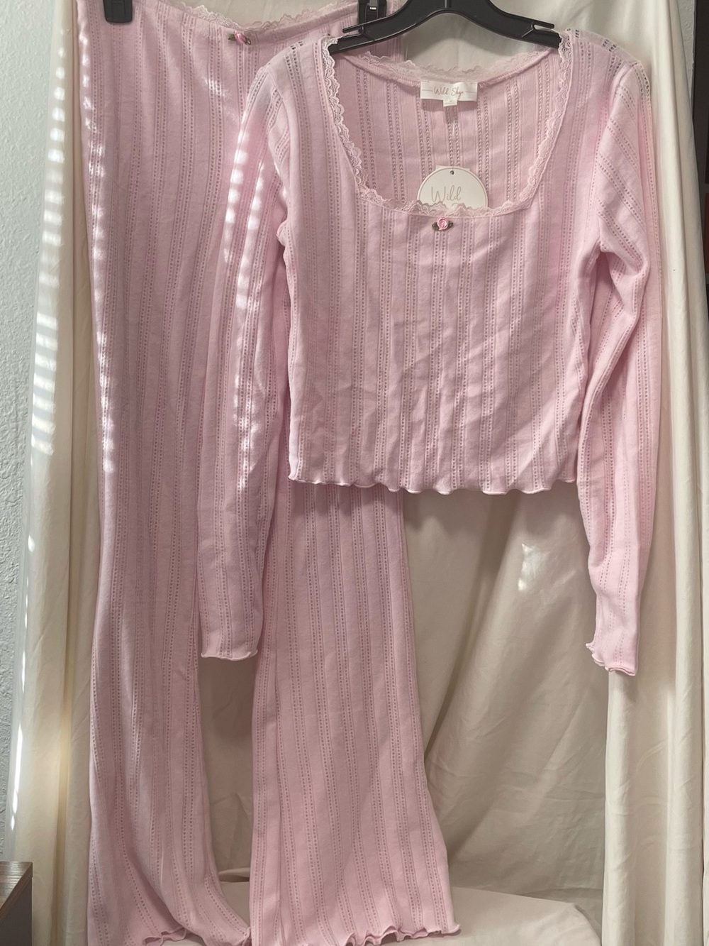 Pink Ribbed Lace-Trim Two-Piece Pajama Set